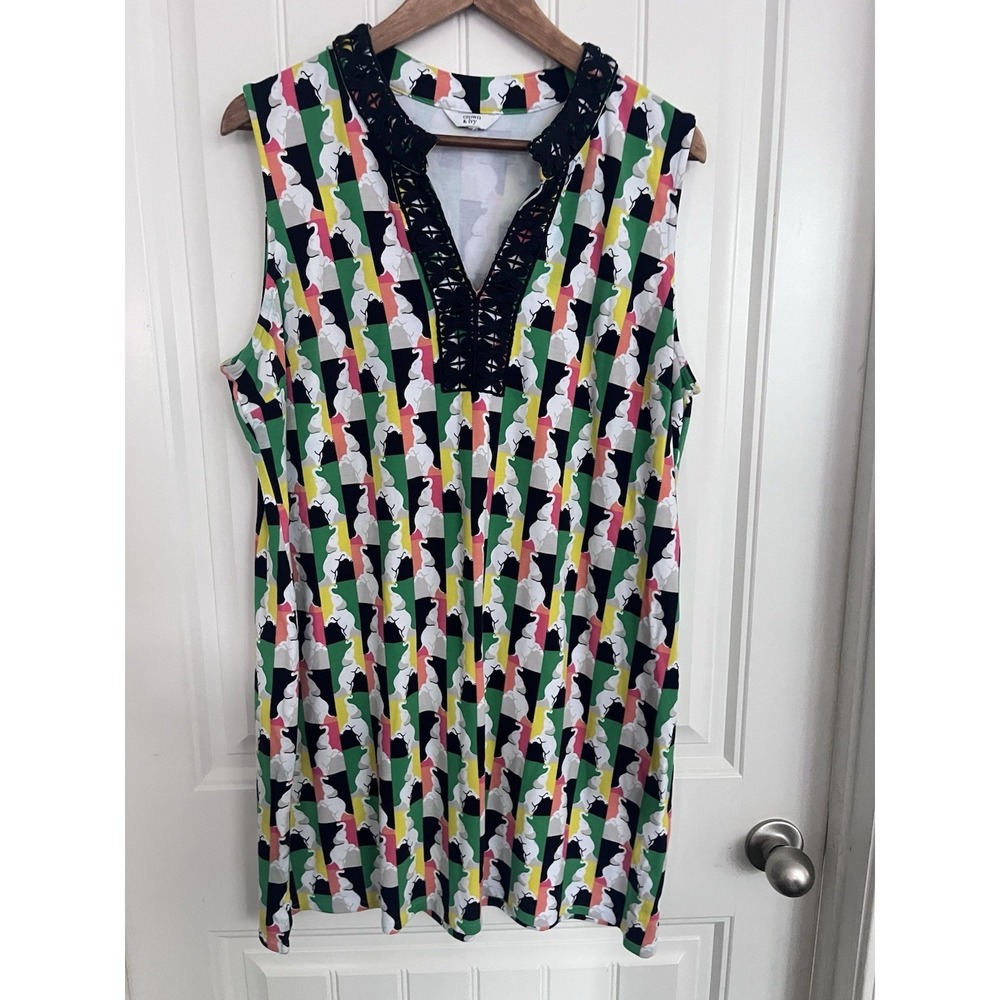 Crown & Ivy Elephant Print Dress XL Sleeveless Navy Color Pop Mini 542